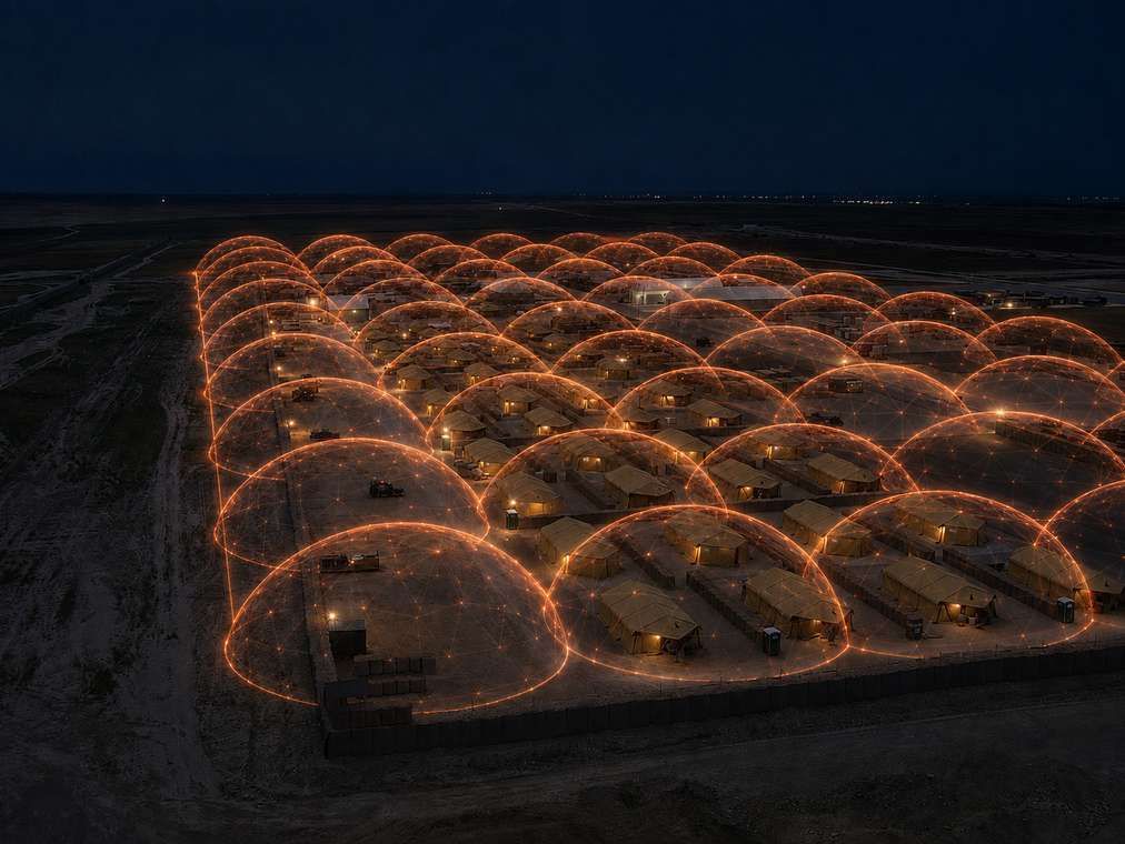 An aerial night view of a base covered by many linked domes of coverage, one per GOSSIP node