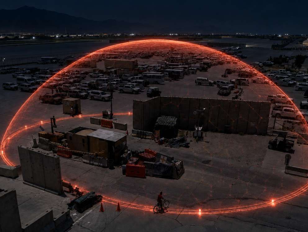 A night view of a compound with one glowing dome of coverage from a single GOSSIP node