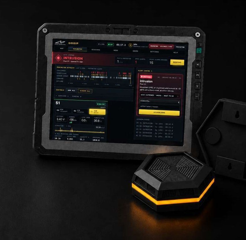 A GOSSIP sensor node with its orange edge light, beside a rugged tablet showing the GOSSIP platform with an intrusion alert